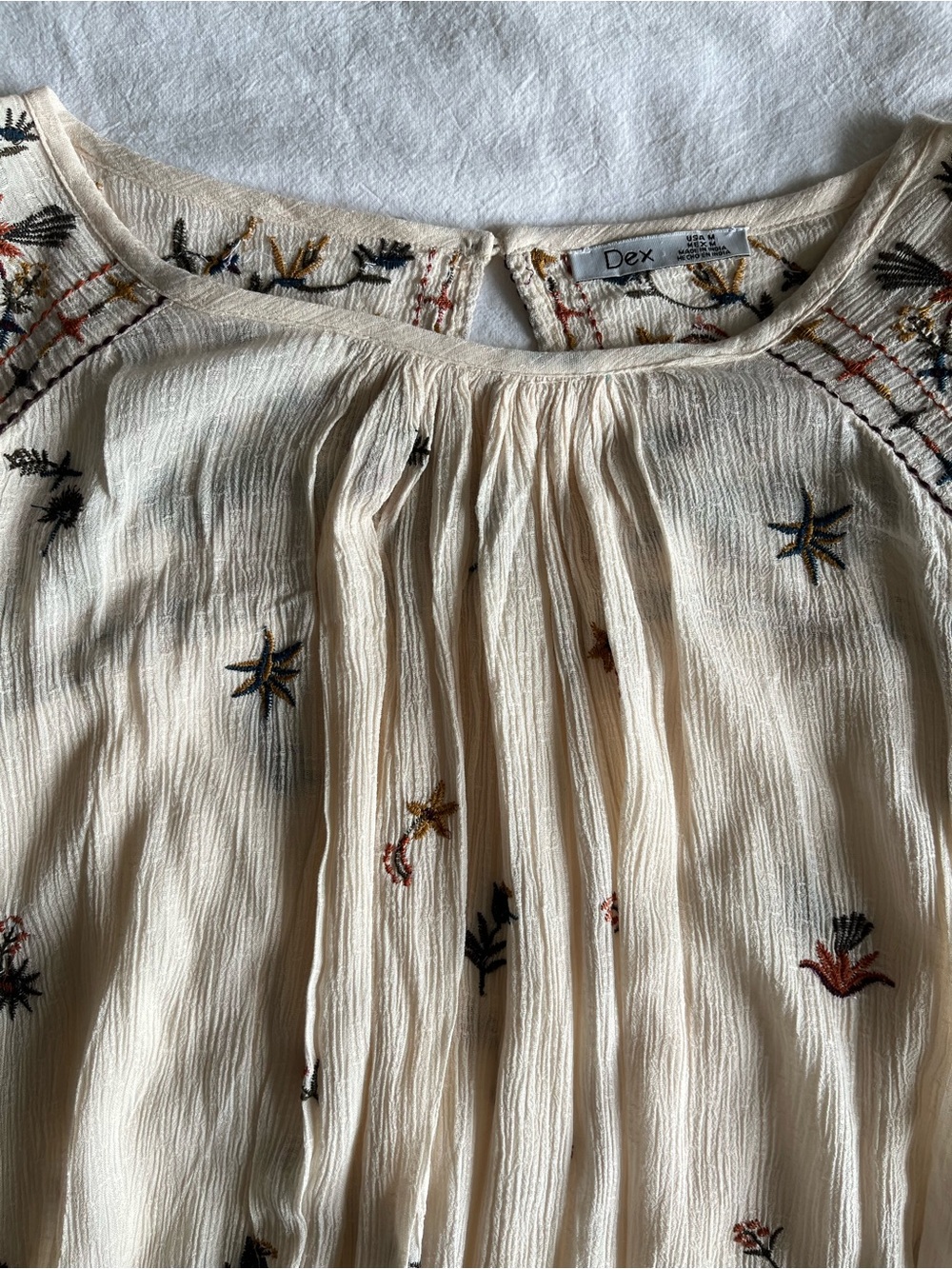 DEX Embroidered Boho Peasant Blouse Cream Floral Size M Prairie Fairycore 70’s - Picture 11 of 16
